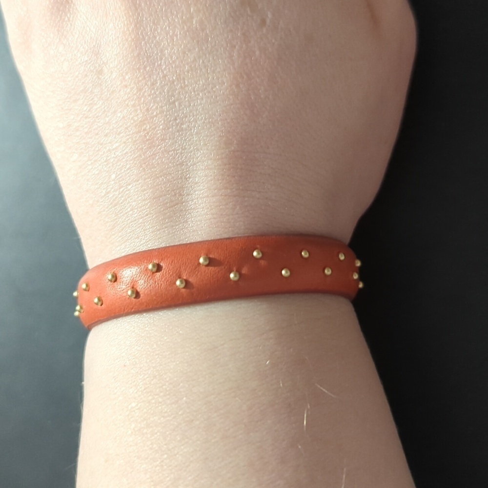 Linea Pelle Collection Gold Tone Brown Leather Studded Statement Bracelet